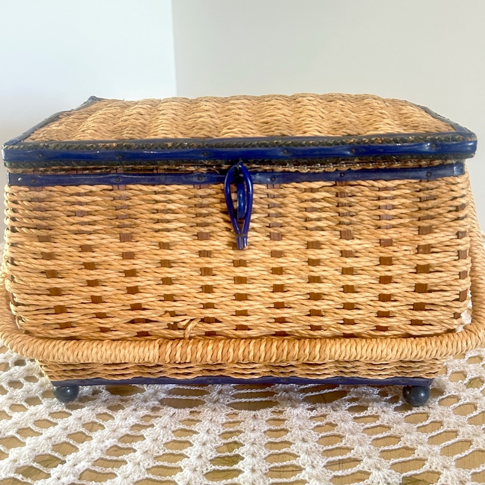 Vintage Wicker & Blue Sewing Basket with Light Blue Satin Lining Cottagecore